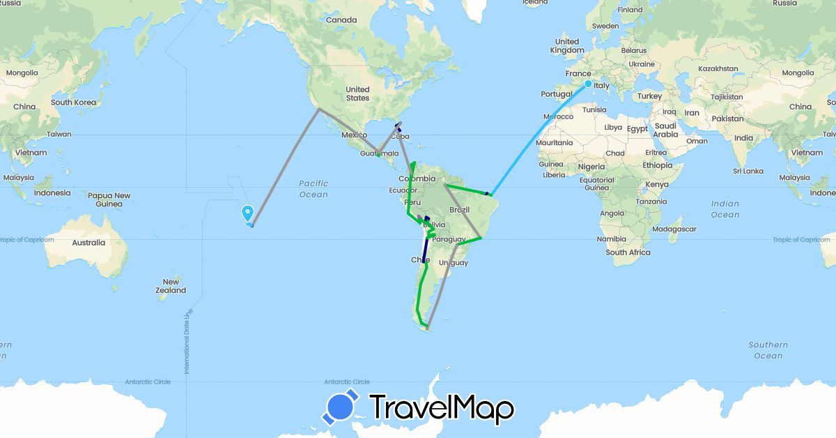 TravelMap itinerary: driving, bus, plane, train, boat in Argentina, Bolivia, Brazil, Chile, Colombia, France, Guatemala, Peru, United States (Europe, North America, South America)